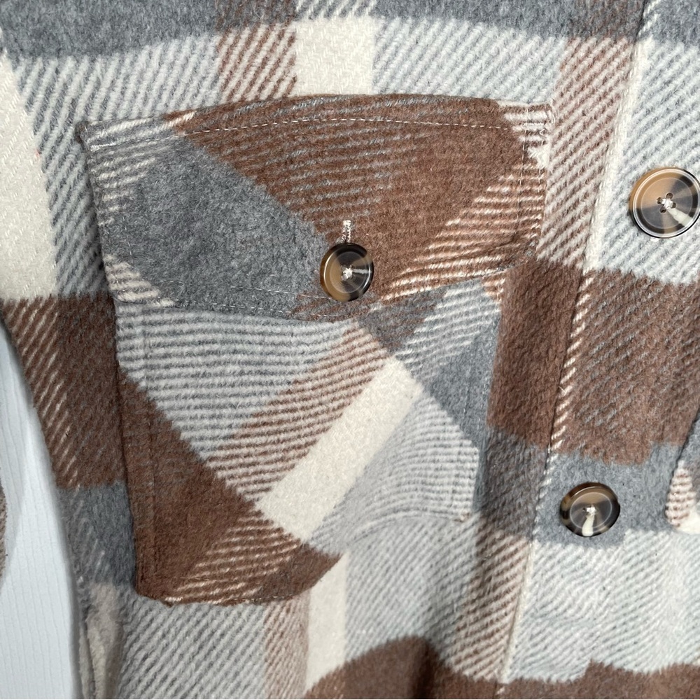 Evereve Raye Plaid Longline Shacket Preppy Academia in Brown/Gray/White XS - Picture 12 of 16